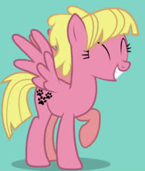 Size: 256x304 | Tagged: safe, oc, oc only, oc:sweetie bloom, pegasus, pony, cute, eyes closed, female, mare, ocbetes, raised hoof, smiling, spread wings, wings, youtube link