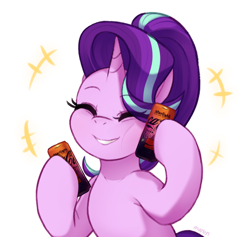 Size: 1972x1870 | Tagged: safe, artist:maren, starlight glimmer, pony, unicorn, g4, coca-cola, cute, eye clipping through hair, eyebrows, eyebrows visible through hair, eyes closed, female, glimmerbetes, grin, hoof hold, mare, namesake, pun, signature, simple background, smiling, soda can, solo, starlight coca-cola, visual pun, white background
