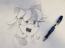 Size: 1521x1129 | Tagged: safe, artist:engi, cheerilee, earth pony, pony, g4, bow, bust, female, happy, looking at you, monochrome, open mouth, open smile, pencil, pencil drawing, photo, signature, smiling, smiling at you, solo, traditional art