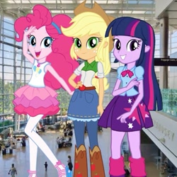 Size: 539x539 | Tagged: safe, applejack, pinkie pie, twilight sparkle, human, equestria girls, g4, my little pony equestria girls: better together, clothes, female, grin, jeans, looking at you, pants, pantyhose, real life background, smiling, trio