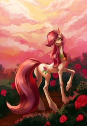 Size: 1495x2160 | Tagged: safe, artist:satan, roseluck, earth pony, pony, g4, butt, cloud, collar, commission, commissioner:doom9454, concave belly, cute, female, flower, fluffy, long legs, long neck, long tail, looking back, mare, pet tag, pink cloud, plot, pony pet, raised hoof, rose, rosebutt, rosepet, skinny, sky, slender, solo, tail, thin