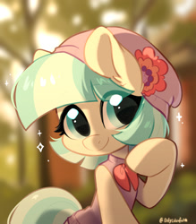 Size: 1544x1766 | Tagged: safe, artist:oofycolorful, coco pommel, earth pony, pony, g4, beanie hat, big head, blurry background, clothes, cocobetes, cute, eye clipping through hair, female, half body, hat, looking at you, mare, shirt, sleeveless, smiling, solo