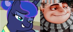 Size: 2048x917 | Tagged: safe, edit, edited screencap, screencap, princess luna, alicorn, human, pony, between dark and dawn, g4, alternate hairstyle, bald, bedroom eyes, comparison, cute, despicable me, eyelashes, faic, felonius gru, female, grin, male, mare, minions, post office, smiling