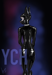 Size: 1640x2360 | Tagged: safe, artist:stirren, anthro, abstract background, commission, girly, latex, latex suit, looking sideways, mask, rear view, solo, standing, your character here