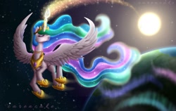 Size: 1967x1243 | Tagged: safe, artist:carencake, princess celestia, alicorn, pony, g4, alicorn magic, aurora borealis, clothes, crepuscular rays, crown, ethereal hair, ethereal mane, ethereal tail, eyes closed, female, flying, glowing, glowing horn, hoof shoes, horn, jewelry, magic, magic aura, mare, motion blur, necklace, no mouth, peytral, planet, princess shoes, regalia, shoes, signature, solo, space, sparkling mane, sparkly hair, spread wings, stars, sun, tail, wings