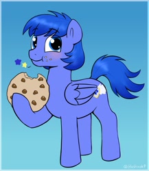 Size: 1584x1824 | Tagged: safe, artist:heretichesh, oc, oc only, pegasus, pony, blushing, cookie, eating, food, gradient background, hoof hold, looking at you, male, smiling, solo, stallion
