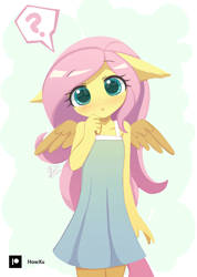 Size: 1000x1407 | Tagged: safe, artist:howxu, fluttershy, pegasus, anthro, g4, blushing, clothes, cute, daaaaaaaaaaaw, dress, female, floppy ears, hnnng, howxu is trying to murder us, looking at you, question mark, shyabetes, solo, sundress, thought bubble, weapons-grade cute, wings, younger