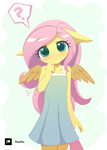 Size: 1000x1407 | Tagged: safe, artist:howxu, fluttershy, pegasus, anthro, blushing, cute, daaaaaaaaaaaw, female, floppy ears, looking at you, question mark, shyabetes, solo, thought bubble, wings, younger