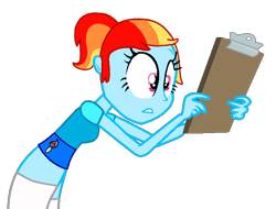Size: 640x487 | Tagged: safe, artist:pagiepoppie12345, oc, oc only, oc:artie brush, human, equestria girls, g4, clipboard, clothes, cutie mark on clothes, holding, list, multicolored hair, paint, paintbrush, ponytail, rainbow hair, shirt, simple background, skirt, socks, transparent background