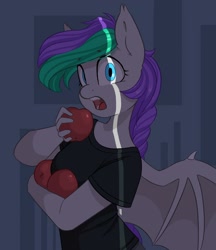 Size: 1038x1200 | Tagged: safe, artist:melodylibris, oc, oc only, oc:lony, bat pony, anthro, apple, bat pony oc, female, food, looking at you, mare, open mouth, solo
