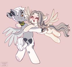 Size: 2766x2553 | Tagged: safe, artist:sugarstar, oc, pegasus, pony, blushing, drunk, eyes closed, high res, hug, open mouth, open smile, smiling, spread wings, wings