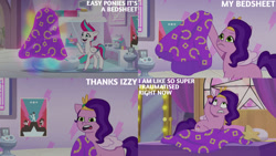 Size: 1280x720 | Tagged: safe, edit, edited screencap, editor:quoterific, screencap, pipp petals, zipp storm, pegasus, pony, g5, my little pony: tell your tale, nightmare roommate, spoiler:g5, spoiler:my little pony: tell your tale, spoiler:tyts01e04, bed, blanket, duo, female, implied izzy moonbow, lip bite, mare, open mouth, open smile, pillow, smiling, text