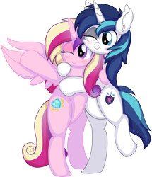 Size: 6929x8057 | Tagged: safe, artist:cyanlightning, princess cadance, shining armor, alicorn, pony, unicorn, canterlot wedding 10th anniversary, g4, .svg available, absurd resolution, bipedal, blushing, cute, ear fluff, female, hug, male, mare, missing accessory, one eye closed, ship:shiningcadance, shipping, simple background, smiling, spread wings, stallion, straight, transparent background, vector, wings, wink