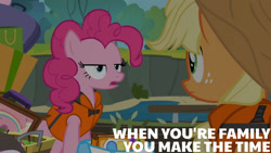 Size: 1280x720 | Tagged: safe, edit, edited screencap, editor:quoterific, screencap, applejack, pinkie pie, earth pony, pony, g4, pinkie apple pie, season 4, applejack's hat, cowboy hat, duo, female, hat, mare, open mouth, text