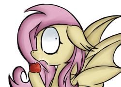 Size: 789x568 | Tagged: safe, artist:alandisc, fluttershy, bat, bat pony, pony, undead, vampire, vampony, g4, alternate hairstyle, apple, bat ponified, bat wings, caught, eating, eyelashes, fangs, female, floppy ears, flutterbat, food, herbivore, imminent bite, messy eating, race swap, shrunken pupils, simple background, solo, surprised, white background, wings