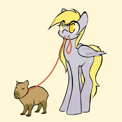 Size: 2500x2500 | Tagged: safe, artist:manicpanda, derpy hooves, capybara, pegasus, pony, g4, animal, eye clipping through hair, female, full body, high res, leash, mare, mouth hold, no pupils, simple background, solo, yellow background