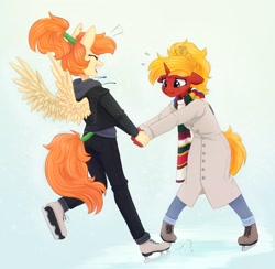 Size: 1200x1172 | Tagged: safe, artist:melodylibris, oc, oc only, pegasus, unicorn, anthro, plantigrade anthro, clothes, fourth doctor's scarf, ice skating, scarf, striped scarf
