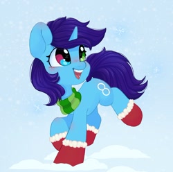 Size: 1200x1191 | Tagged: safe, artist:melodylibris, oc, oc only, oc:windows 8, pony, unicorn, clothes, female, heterochromia, looking up, mare, scarf, snow, solo, winter