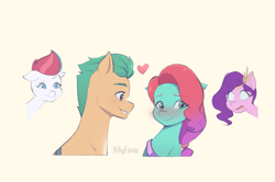Size: 2000x1326 | Tagged: safe, artist:agfavio, hitch trailblazer, jazz hooves, pipp petals, zipp storm, earth pony, pegasus, pony, g5, my little pony: make your mark, blushing, cream background, female, hilarious in hindsight, hitch trailblazer gets all the mares, hitchjazz, male, mane melody leaked version, mare, shipping, simple background, stallion, straight, white eyes