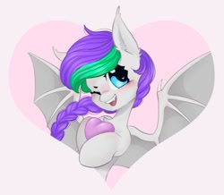 Size: 956x834 | Tagged: safe, artist:melodylibris, oc, oc only, oc:lony, bat pony, pony, blushing, fangs, female, heart, looking at you, one eye closed, simple background, solo, spread wings, wings, wink, winking at you