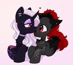 Size: 2278x2021 | Tagged: safe, artist:melodylibris, oc, oc only, pegasus, pony, unicorn, bedroom eyes, blushing, collar, duo, heart, high res, jewelry, kissing, looking at each other, looking at someone, lying down, necklace, one eye closed