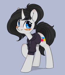 Size: 795x914 | Tagged: safe, artist:melodylibris, oc, oc only, pony, unicorn, clothes, female, hoodie, looking at you, raised hoof, simple background, solo
