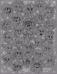 Size: 3188x4096 | Tagged: safe, alternate version, artist:melodylibris, oc, oc only, cat, fox, griffon, pony, unicorn, angry, bleeding, blood, crying, ears back, flower, glasses, gray background, monochrome, multiple characters, shocked, shocked expression, simple background, sketch, tired, yelling