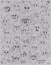 Size: 3188x4096 | Tagged: safe, artist:melodylibris, oc, oc only, cat, fox, griffon, pony, unicorn, angry, bleeding, blood, crying, ears back, flower, glasses, gray background, monochrome, multiple characters, shocked, shocked expression, simple background, sketch, tired, yelling