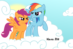 Size: 2999x1999 | Tagged: safe, artist:klaxa, rainbow dash, scootaloo, pegasus, pony, g4, 2011, backwards cutie mark, cloud, duo, female, filly, foal, mare, raised hoof