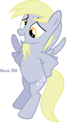 Size: 1809x3313 | Tagged: safe, artist:klaxa, derpy hooves, pegasus, pony, feeling pinkie keen, g4, 2011, female, flying, grin, high res, hooves behind back, mare, nervous, nervous smile, signature, simple background, smiling, solo, spread wings, transparent background, vector, wings