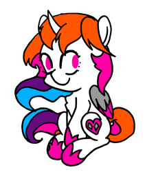 Size: 1684x1996 | Tagged: safe, artist:rainbowwing, oc, oc:rainbowwing, alicorn, pony, alicorn oc, folded wings, hoof shoes, horn, looking at you, multicolored hair, multicolored mane, multicolored tail, redraw, simple background, simplistic art style, sitting, smiling, smiling at you, solo, tail, white background, wings