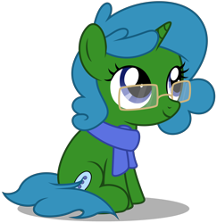 Size: 3600x3710 | Tagged: safe, artist:strategypony, oc, oc only, oc:museo sans, pony, unicorn, clothes, female, filly, foal, glasses, high res, horn, looking up, scarf, simple background, sitting, transparent background, unicorn oc