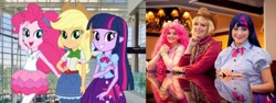 Size: 2064x773 | Tagged: safe, artist:maddymoiselle, artist:sarahndipity cosplay, artist:shelbeanie, applejack, pinkie pie, twilight sparkle, human, equestria girls, g4, my little pony equestria girls: better together, clothes, cosplay, costume, cowgirl, everfree northwest 2019, irl, irl human, photo