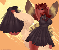 Size: 3000x2580 | Tagged: safe, alternate version, artist:xjenn9, oc, oc only, oc:flechette, changeling, moth, mothling, original species, anthro, arm behind head, bedroom eyes, breasts, busty oc, clothes, commission, cute, dress, female, grin, high res, looking at you, red changeling, smiling, solo, tail, tail hole, ych result