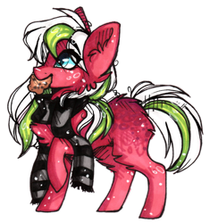 Size: 802x855 | Tagged: safe, artist:tay-niko-yanuciq, oc, oc only, earth pony, pony, clothes, earth pony oc, food, mouth hold, muffin, raised hoof, scarf, simple background, solo, transparent background