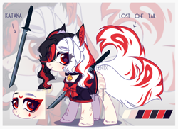 Size: 3658x2657 | Tagged: safe, artist:fenix-artist, oc, oc only, kitsune, kitsune pony, original species, pony, clothes, eyelashes, hair over one eye, high res, katana, multiple tails, sword, tail, weapon, zoom layer