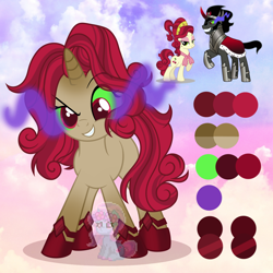 Size: 1200x1200 | Tagged: safe, artist:shiee-artopia223, cherry jubilee, king sombra, earth pony, pony, unicorn, g4, evil grin, female, fusion, grin, hoof shoes, male, mare, raised hoof, smiling, sombra eyes, stallion