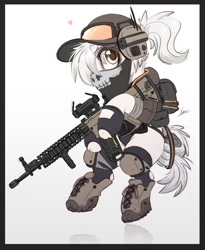 Size: 986x1200 | Tagged: safe, artist:ncmares, oc, oc only, oc:frosty, earth pony, pony, backpack, boots, clothes, female, gun, hat, mare, shoes, soldier, solo, weapon