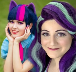 Size: 1517x1440 | Tagged: safe, artist:krutaiamaria, artist:sarahndipity cosplay, edit, starlight glimmer, twilight sparkle, human, equestria girls, equestria girls specials, g4, my little pony equestria girls: mirror magic, clothes, cosplay, costume, everfree northwest 2019, grin, irl, irl human, photo, smiling