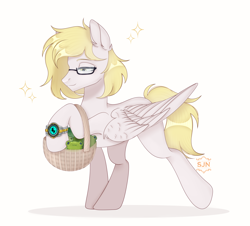 Size: 3480x3150 | Tagged: safe, artist:sjn, oc, oc only, oc:ludwig von leeb, frog, pegasus, pony, toad, basket, blonde hair, clock, glasses, green eyes, high res, male, simple background, solo, stallion, white background, wings