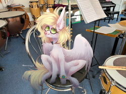 Size: 1280x960 | Tagged: safe, alternate version, artist:armandool, oc, oc only, oc:ludwig von leeb, pegasus, pony, blonde, clock, congas, cymbals, drums, drumsticks, glasses, green eyes, male, music notes, musical instrument, piano, sitting, snare drum, solo, spread wings, stallion, timpani, trumpet, wings, xylophone