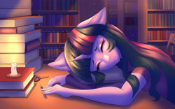 Size: 1260x788 | Tagged: safe, artist:hellcat120, twilight sparkle, unicorn, anthro, g4, book, bookhorse, bookshelf, candle, chair, clothes, digital art, eyes closed, female, floppy ears, horn, library, magnifying glass, one ear down, pencil, shirt, sitting, sleeping, solo, table, that pony sure does love books, unicorn twilight