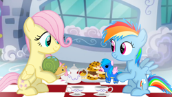 Size: 1280x720 | Tagged: safe, artist:mlplary6, firefly, fluttershy, rainbow dash, pegasus, pony, snail, g4, childhood friends, cookie, doll, female, filly, filly fluttershy, filly rainbow dash, foal, food, friends, looking at each other, looking at someone, smiling, tea, toy, younger
