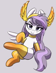 Size: 921x1200 | Tagged: safe, artist:pabbley, part of a set, oc, oc only, oc:athena (shawn keller), pegasus, pony, guardians of pondonia, clothes, crown, female, jewelry, mare, regalia, simple background, sitting, smiling, socks, solo