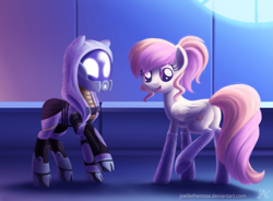Size: 1627x1200 | Tagged: safe, artist:joellethenose, oc, oc only, oc:cuddle bug, pegasus, pony, butt, clothes, crossover, duo, glowing eyes, helmet, mass effect, no tail, open mouth, plot, smiling, socks, spacesuit, tali'zorah vas normandy, window