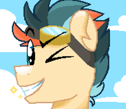 Size: 370x320 | Tagged: safe, oc, oc only, oc:turbo swifter, pegasus, pony, goggles, male, one eye closed, sky, smiling, smirk, sparkles
