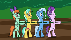 Size: 1920x1080 | Tagged: safe, artist:platinumdrop, citrine spark, fire quacker, peppermint goldylinks, starlight glimmer, trixie, pegasus, pony, unicorn, g4, ^^, bipedal, eyes closed, female, friendship student, mare, pulling, request, rope, smiling