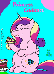 Size: 1672x2305 | Tagged: safe, artist:puffydearlysmith, princess cadance, alicorn, pony, g4, belly, belly button, big belly, cake, eating, eyes closed, female, food, implied flurry heart, mare, outie belly button, pregdance, pregnancy cravings, pregnant, story included