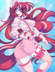 Size: 1362x1772 | Tagged: safe, artist:tolsticot, oc, oc only, oc:cherry pop, earth pony, anthro, anthro oc, breasts, clothes, female, gloves, long hair, mare, nurse, nurse outfit, open mouth, open smile, smiling, solo, tail