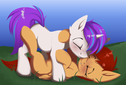 Size: 2396x1622 | Tagged: safe, artist:luxsimx, oc, oc only, oc:machaera, pegasus, pony, unicorn, eyes closed, female, lineless, lying, lying down, lying in grass, male, mare, on back, shipping, stallion